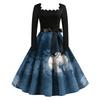 Vintage Long Sleeve Square Neck Halloween Party Dress with Printed Skirt and Waist Tie Retro Style Midi Dress for Women