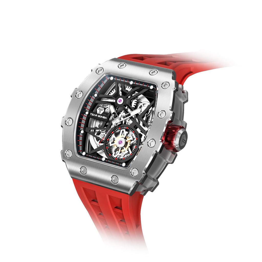 Часы TSAR BOMBA Business 50M Водонепроницаемые скелетонированные часы Стильные наручные часы из нержавеющей стали с циферблатом-бочкой для мужчин Светящийся японский механизм Красный силикон