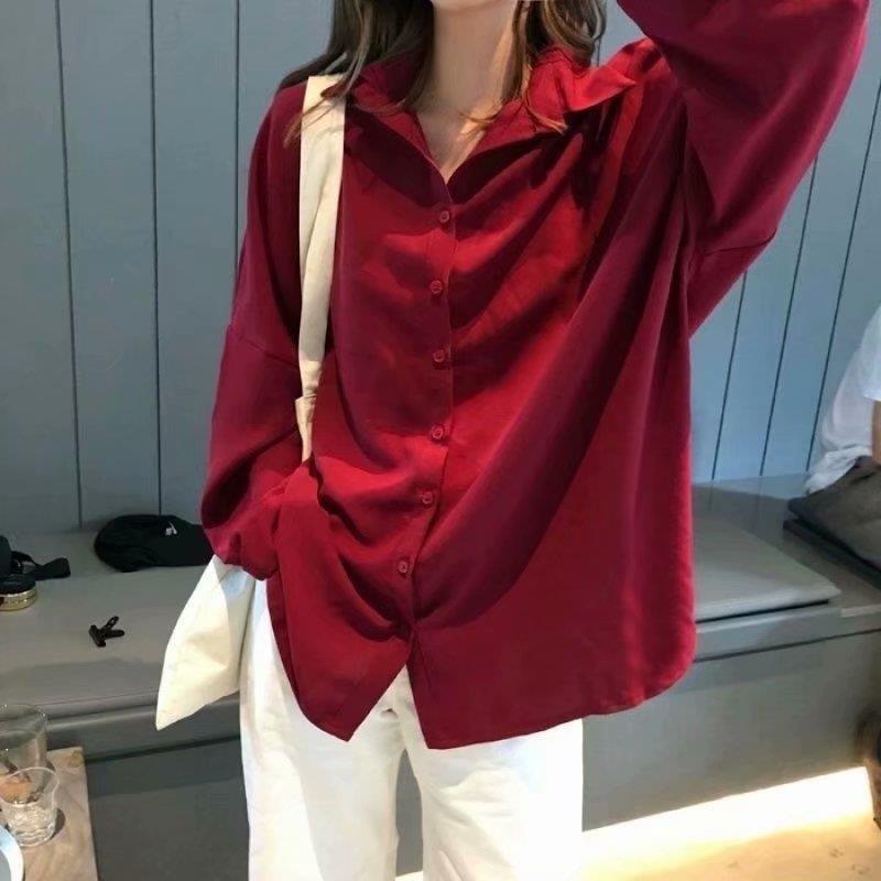 Black Shirts Women Oversized Vintage Chic Korean Fashion Long Sleeve Casual Blouse