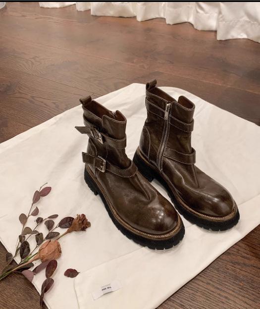 Ежегодные боевые ботинки Grape Mom в том же стиле~ Усадка после стирки, конская кожа, ремень с пряжкой, толстый каблук, ботинки-мартин до середины икры, женские, в стиле локомотива
