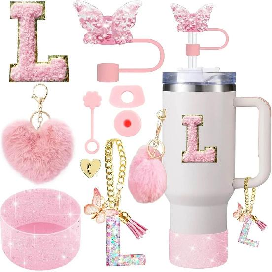 9PCS Accessory Set for Stanley Cup 30oz 40oz Butterfly Straw Cover Cap Silicone Boot Charm Initials Sticker Spill Proof Stopper Cup Holders 5