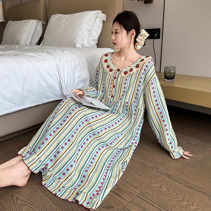 Осенняя ночная сорочка из чистого хлопка большого размера - Женская домашняя одежда и верхняя одежда с принтом оверсайз