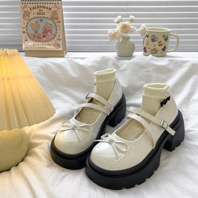 Туфли-лодочки на толстом каблуке с бантом, из маленькой кожи, женские, весна/лето 2025, новые, универсальные, увеличивающие рост, французские туфли Мэри Джейн