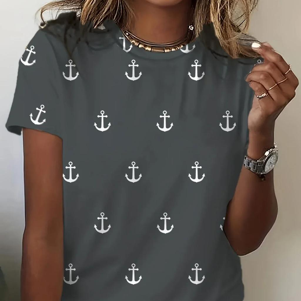 2024 новая стильная футболка для женщин, топ с принтом якоря, летние футболки большого размера для женской одежды, женская мода с круглым вырезом, большие размеры