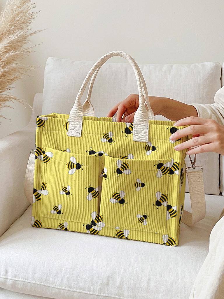 Yellow Bumblebee Print Corduroy Tote Bag Large Capacity Multi Pocket Bee Lover Commuter Shoulder Bag