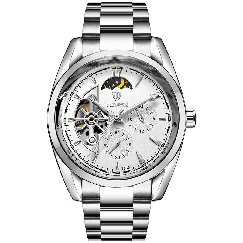 TEVISE Top Brand Watch Tourbillon Automatic Mechanical Watch Moon Phase Skeleton Luminous Watch Stainless Steel Waterproof