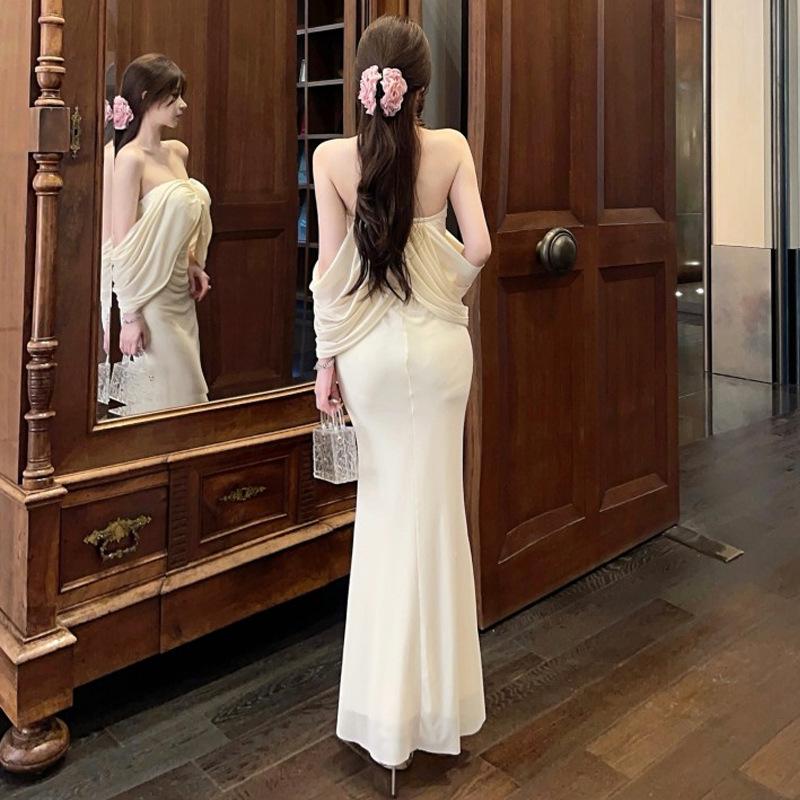 Французский топ-труба плиссированная сетка обтягивающее платье-рыбий хвост женское