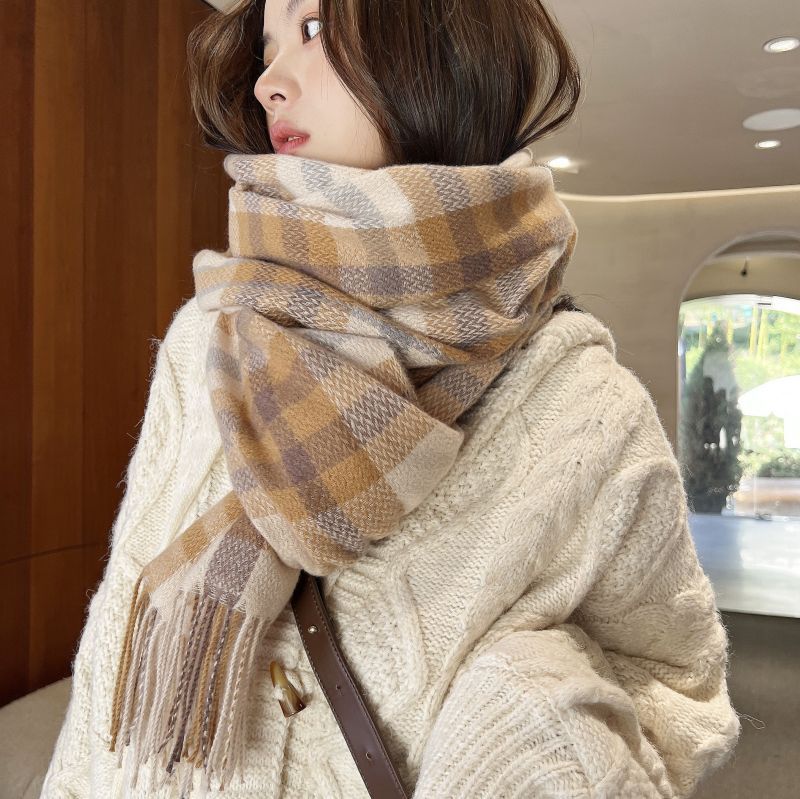 Medium To Long Thick Scarf Sweet and Warm Imitation Cashmere Scarf Plaid Shawl Scarf