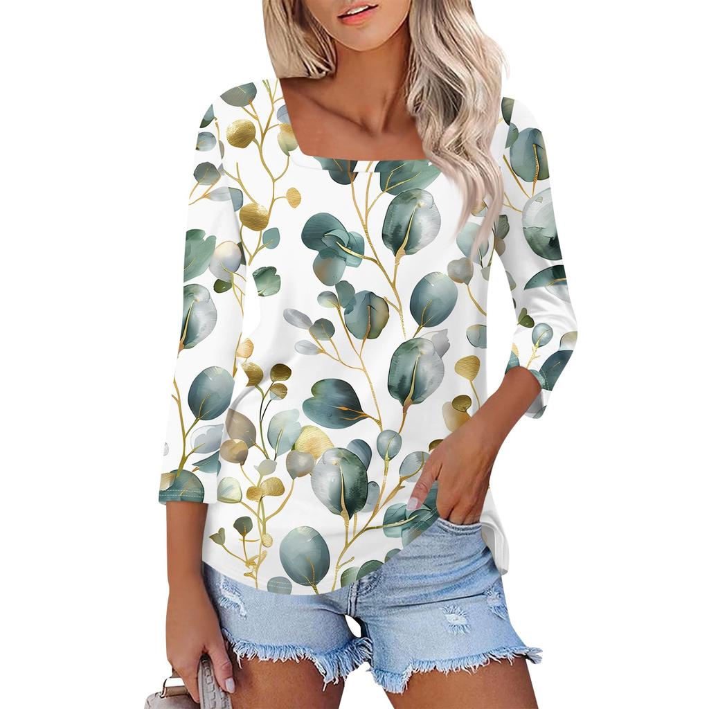 Shirt For Women's Fashion Casual Square Neck 3/4 Sleeve Loose Printed T-Shirt Ladies Top