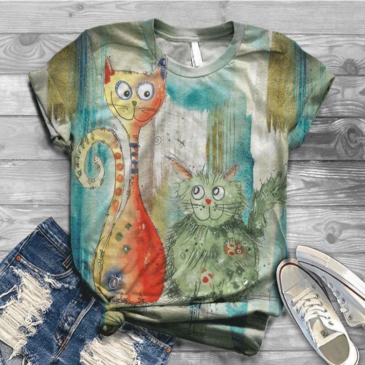 Женская летняя футболка с коротким рукавом, цифровая 3D-печать кошки, топы с круглым вырезом