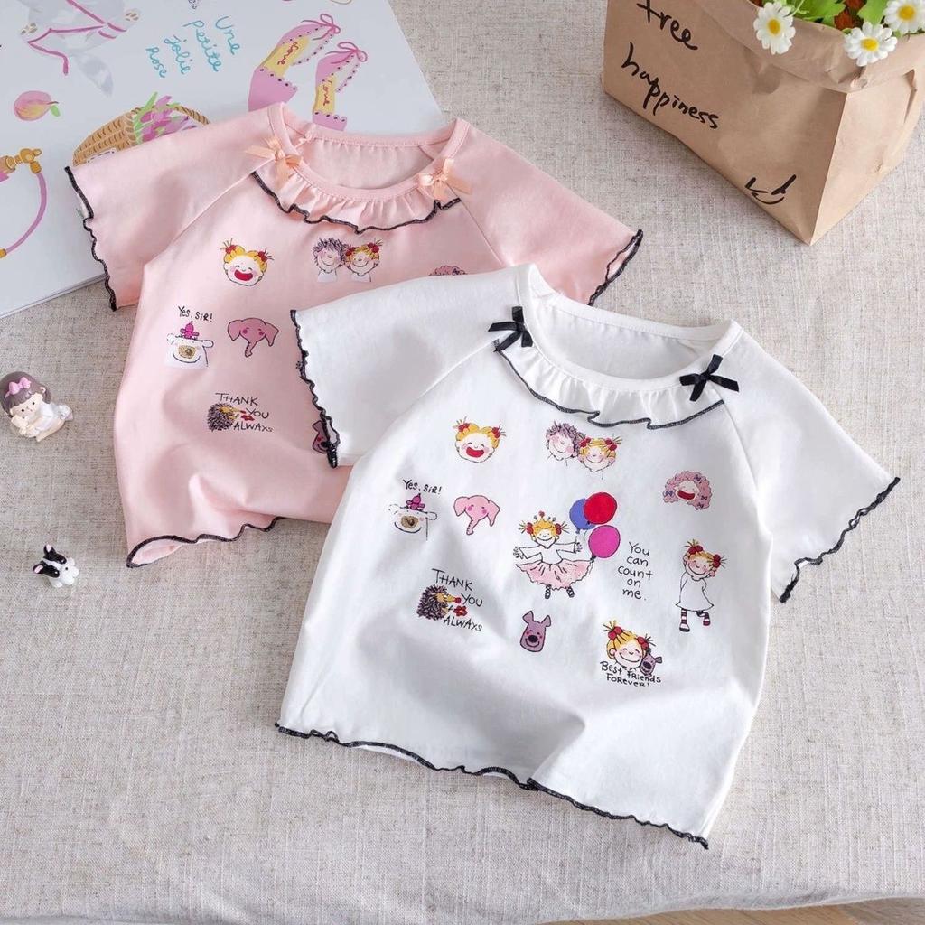 Футболка с короткими рукавами для девочек, летняя новая коллекция, детский кружевной топ с круглым вырезом и милым принтом в виде банта