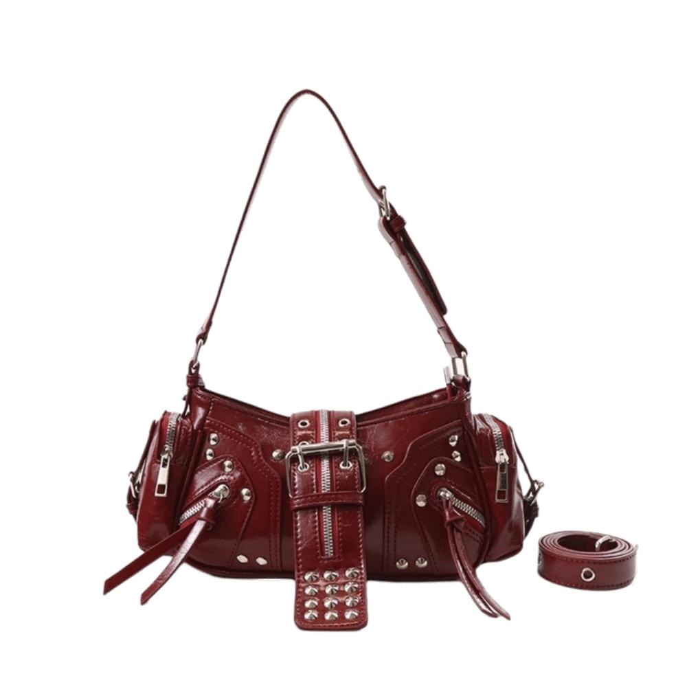 PU Leather Gothic Rivet Shoulder Bag Leopard Print Polyester Lining Underarm Bag Black Color Multi Strap Crossbody Bags Date