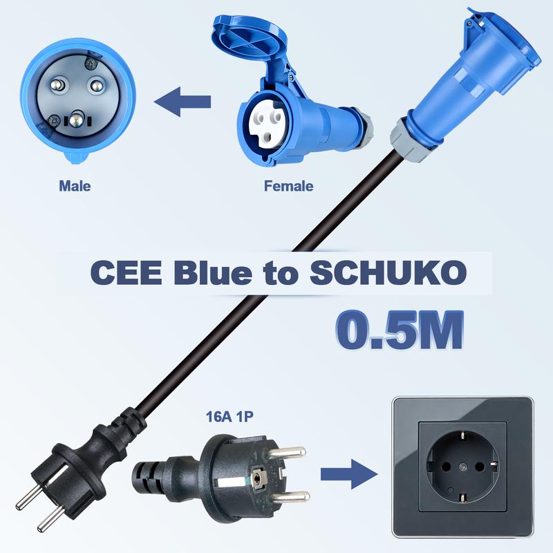 7.2KW CEE Blue Power Female Plug to 3.6KW EU Schuko Plug Adapter 32A to 16A Electric Vehicle Charging Adapter For EV Charger