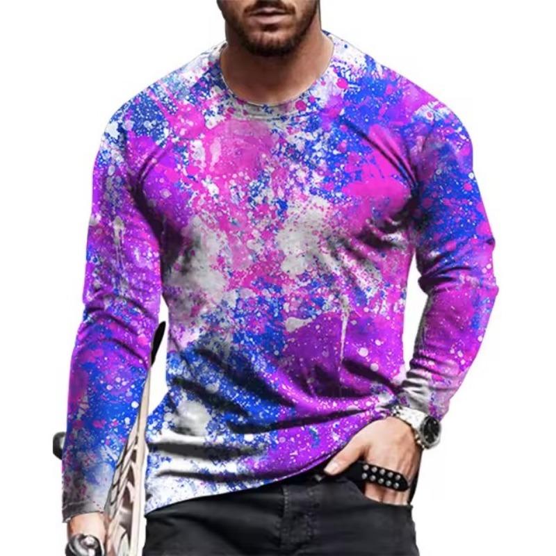 Мужские футболки с цветным 3D-принтом, весна-лето, имитация полиэстера, свободные повседневные топы с круглым вырезом и длинным рукавом, футболка большого размера