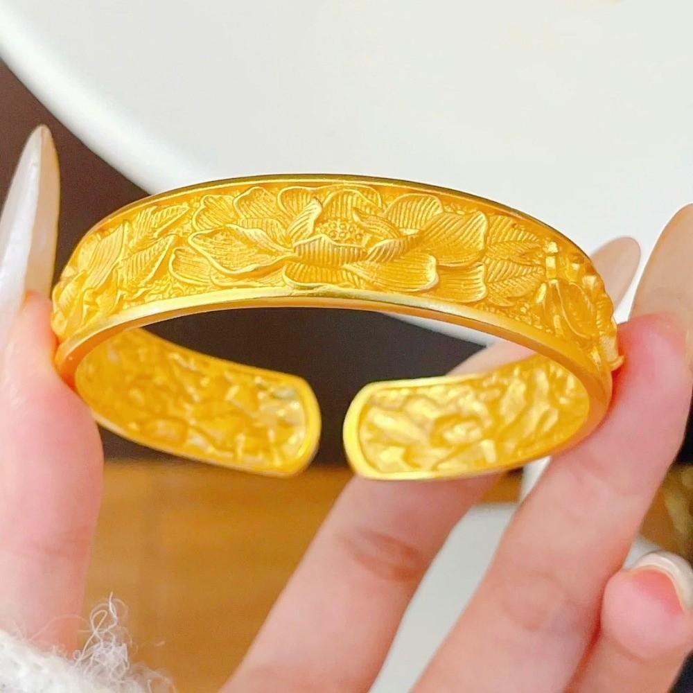 Peony Flower Chinese Style Bangle Opening Wrist Jewelry Exquisite Golden Bracelets Festival Gifts