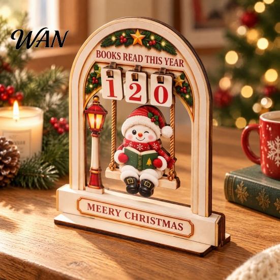 Christmas Home Accents Wooden Reading Tracker, Santa Arch Shelf Desktop Decor Decorations with Adjustable Number Counters, Holiday Gift for