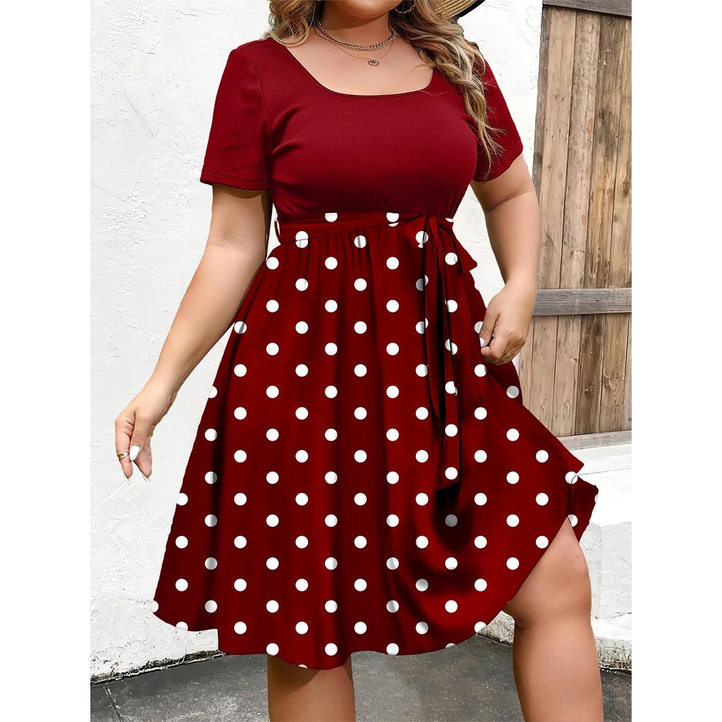 Женское модное и трендовое платье с круглым вырезом и короткими рукавами на талии с принтом размера плюс