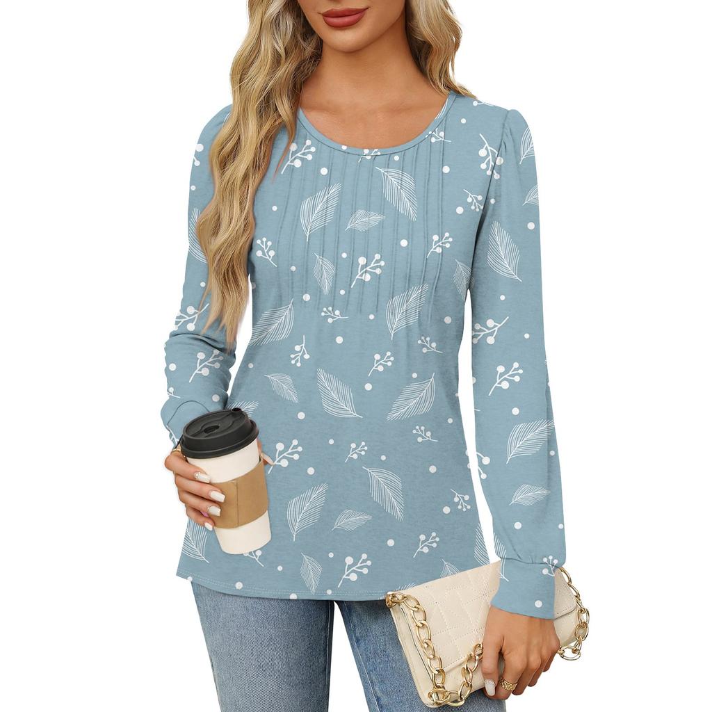 Рубашки с длинным рукавом для женщин, футболки с милым принтом и графикой, блузки, нарядные повседневные блузки, плиссированные топы-туники с овальным вырезом