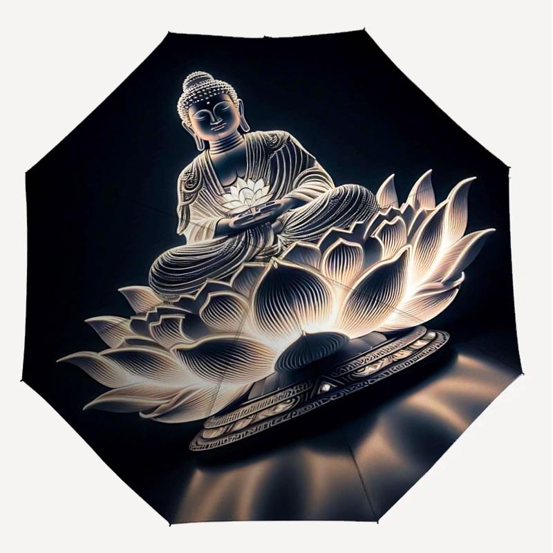 1pc Buddha Lotus Automatic Open/Close Umbrella Compact Folding Umbrella with 8-Rib Shaft for Women/Men, Elegant Birthday1167S