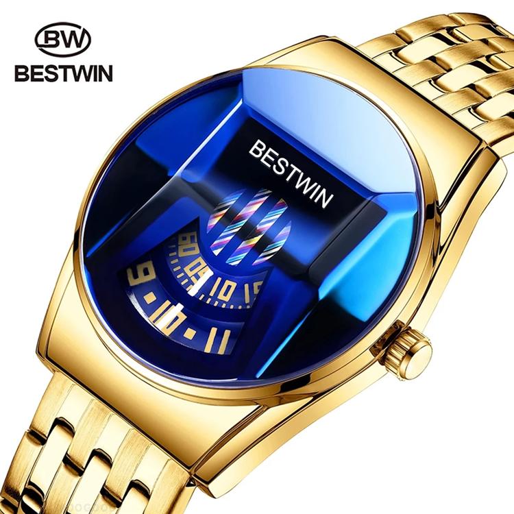 2021 Bestwin Sport Chronograph Wristwatch for Men Casual Gold Quartz Watch with Leather Band Cartoon Style