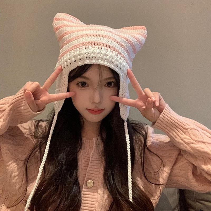Abi Hat Women's Autumn and Winter Cute Cat Ears Wool Hat Versatile Face Small Warm Knitted Hat