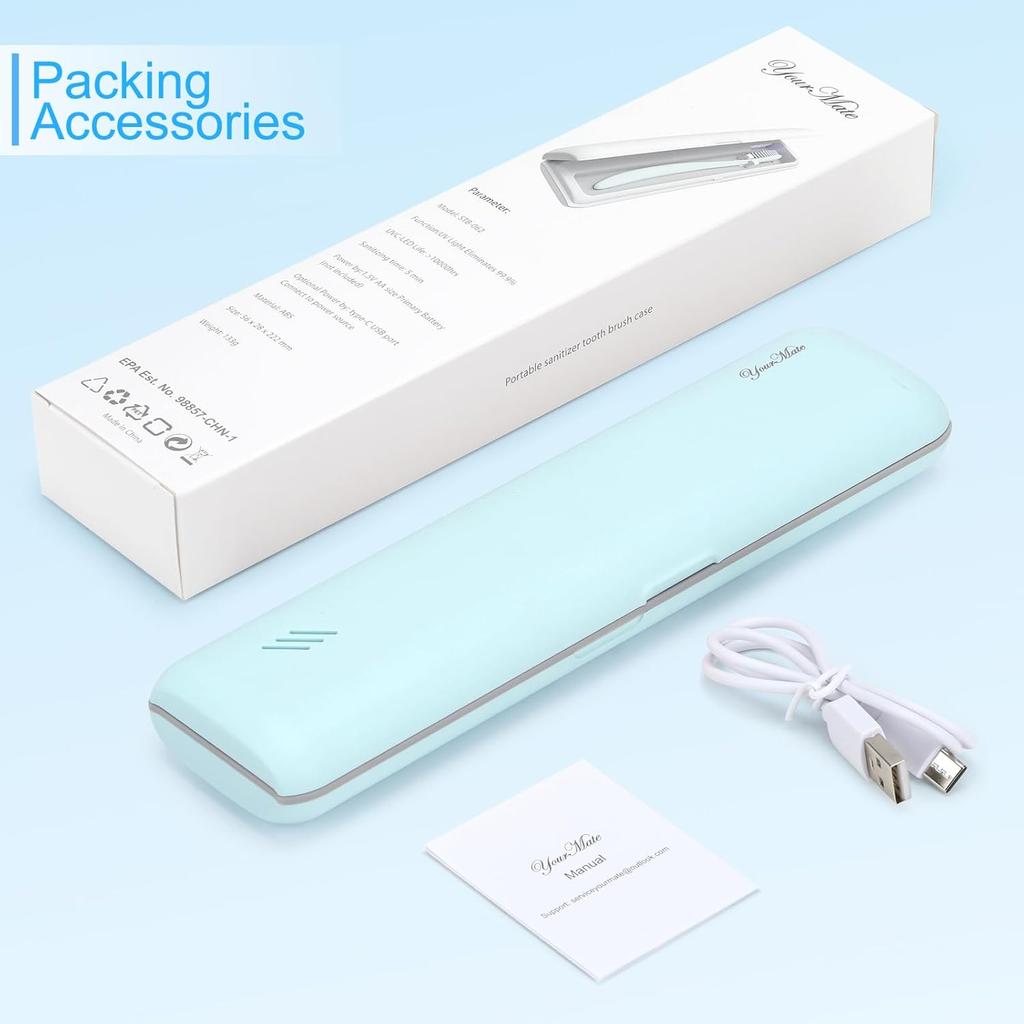Toothbrush Case Travel Toothbrush Covers Case for and Traveling Power by AA Battery or USB-C Blue