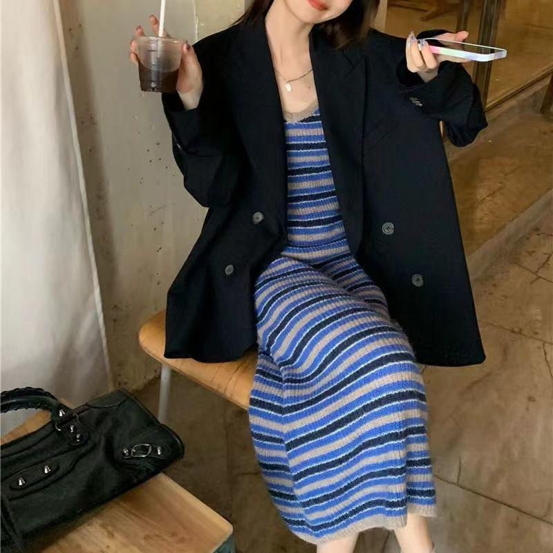 Женские платья Сто в полоску в стиле ретро, ​​платья на бретельках, тонкое длинное платье до бедра с внутренней упаковкой, большие размеры