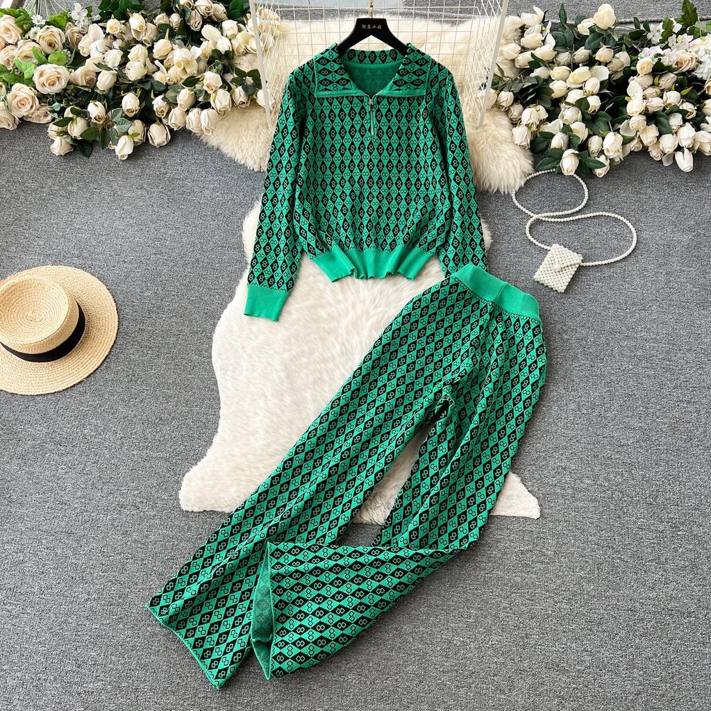 European Style Retro Casual Printed Turtleneck Sweater for Women with High Waisted Elastic Long Pants Fashion Two-pieces Suit