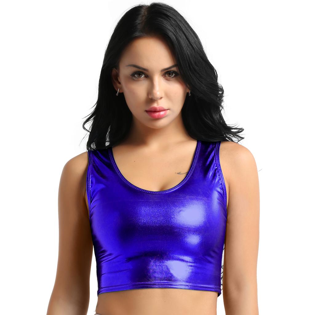 Женский блестящий укороченный топ без рукавов металлик, футболка для дискотек и танцев, блузка, жилет, клубная одежда