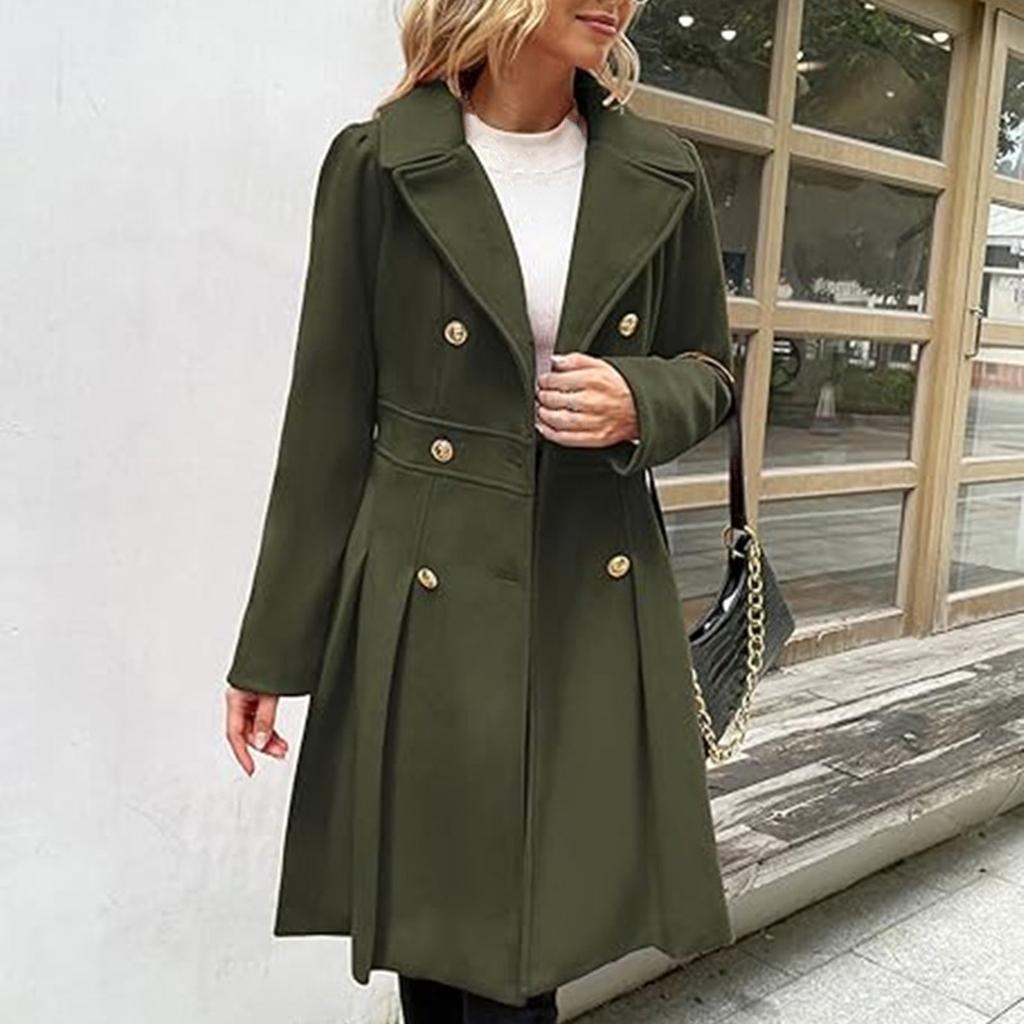 Women's Long Woolen Coat With Double Breasted Buttons