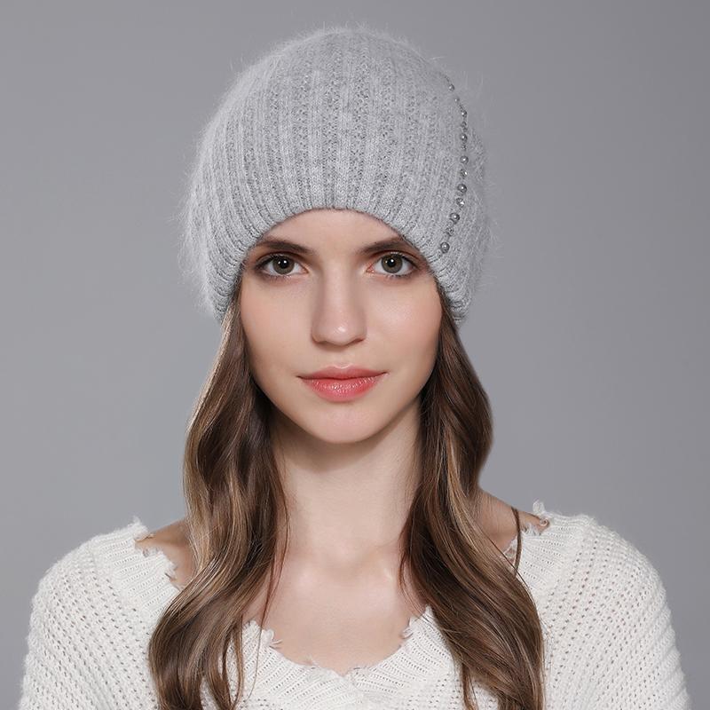 Women Angora Rabbit Fur Hat Winter Knitted Warm Beanies Fashion Luxury Designer Hats For Female With Pearl Diamond Cap