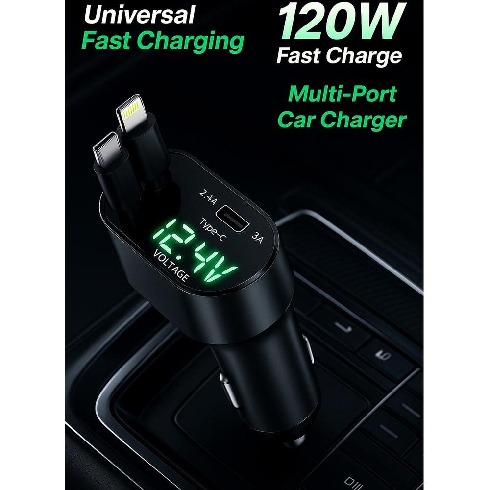 Retractable Car Charger - 4-in-1 Fast Charger with Dual USB Ports & 2.6ft Cable Compatible with iPhone 15/14/13 Pro Max Galaxy S23/S24 – Compact & Mu