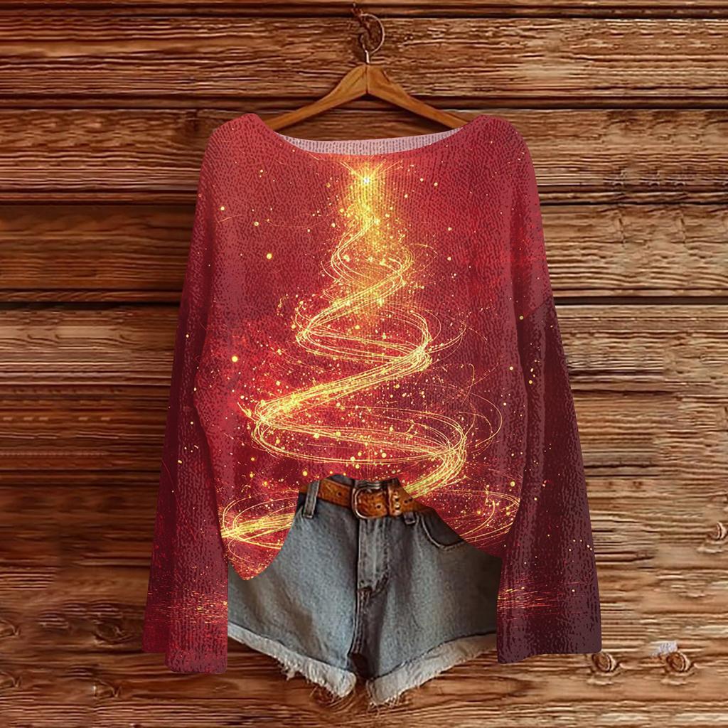 Женский модный пуловер с круглым вырезом и длинными рукавами с рождественским принтом, повседневный топ-свитер