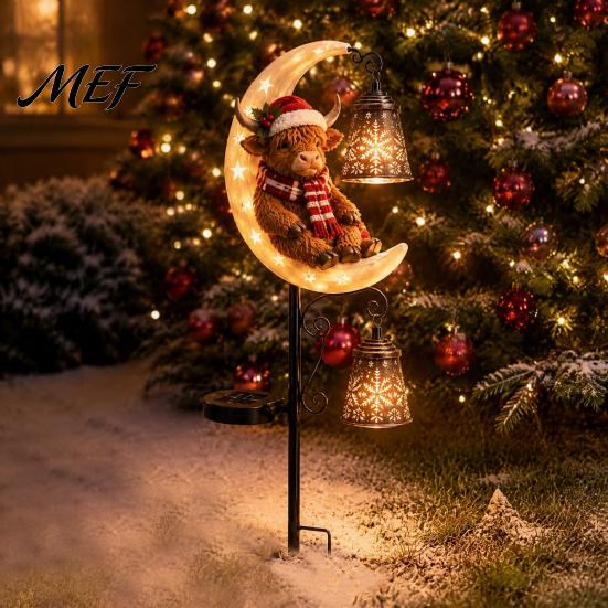 Festive Winter Yard Sculpture Highland Cow Moon Solar Garden Light, Christmas Metal Snowflake Stakes Stake Powered Outdoor Lawn Path Decoration