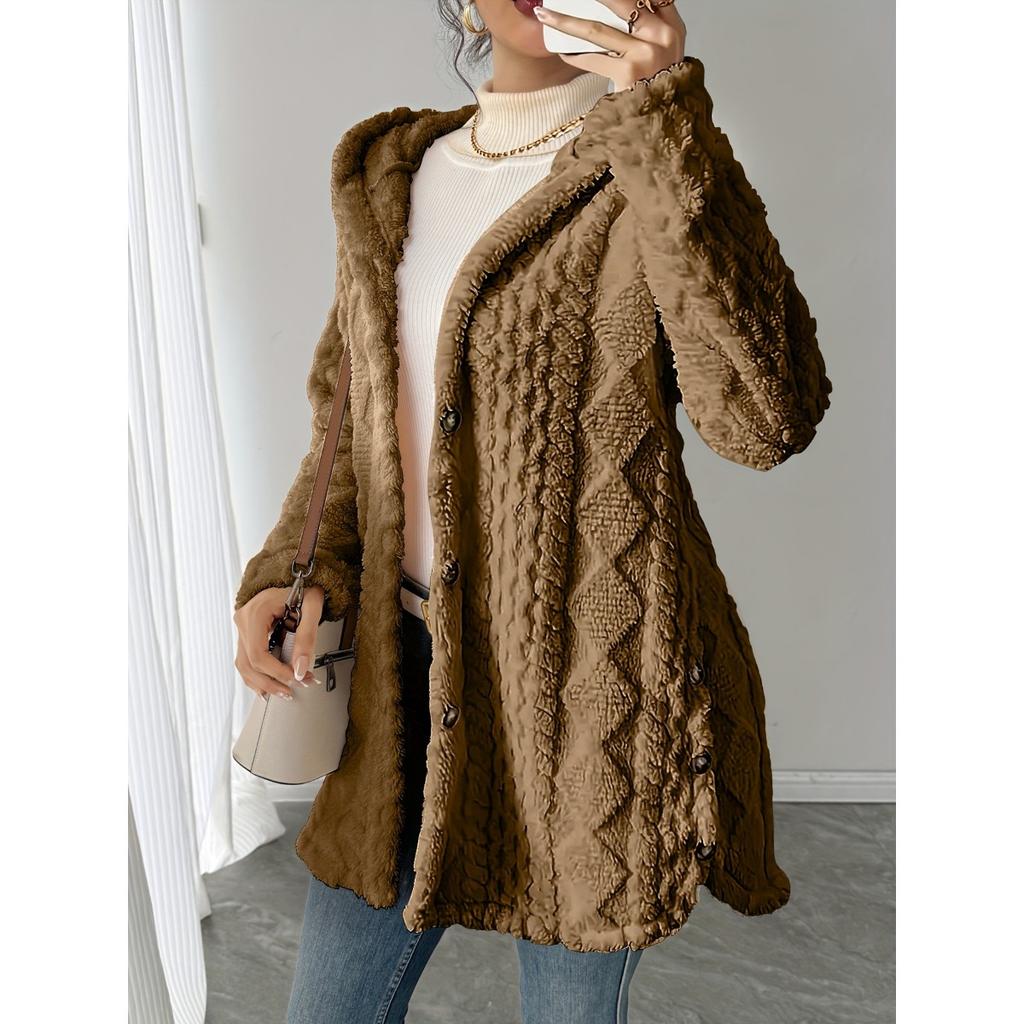Autumn and Winter Hooded Solid Color Cardigan Button Long Sleeved Casual Fleece Jacket