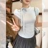 Дизайнерская футболка с асимметричным подолом, короткий рукав, женская, летняя, новая, с вырезом, на бретельках, с поясом, темпераментная, маленький топ