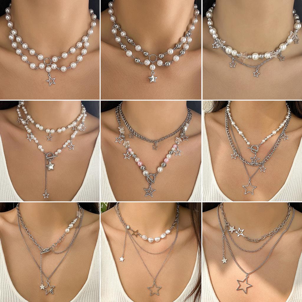 Hip Hop Babes Wind Star Pendant Necklace Choker Temperament Round Bead Imitation Pearl Metal Chain Necklace
