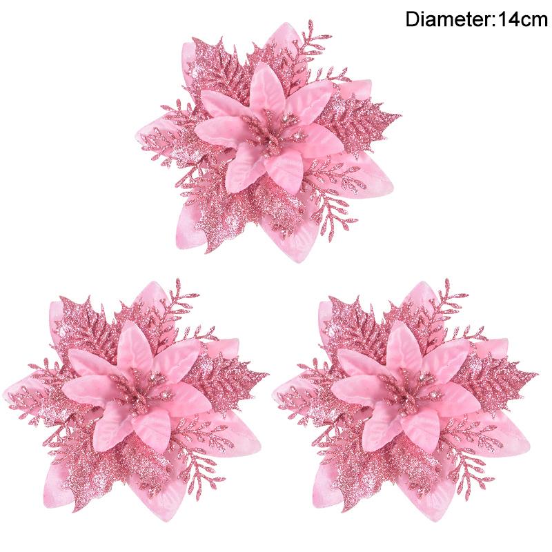 3/10pcs 14cm Christmas Flowers Glitter Red Gold Flower Head Xmas Tree Ornament New Year Decorations for Home Navidad Noel Gifts