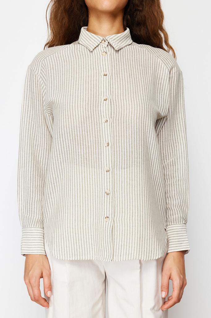 Women's Style Shirt Green Striped Oversize Linen Look Woven Shirt