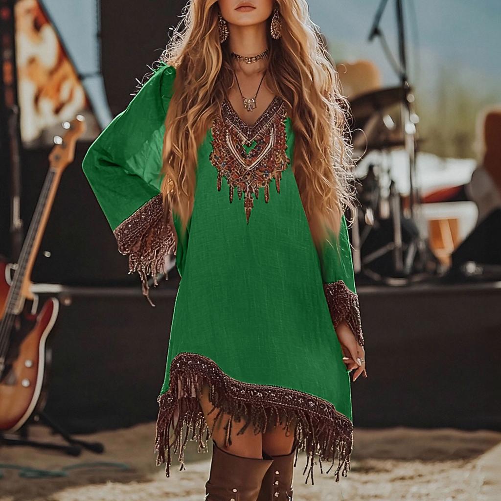 Womens Summer Dress Fashion Casual Fit Flowy Lace Loose Print Long Sleeve V Neck Dress