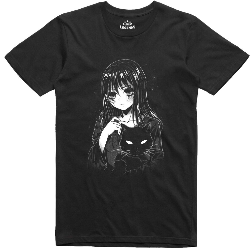 Anime Mens T Shirt Scary Girl and Cat Regular Fit Cotton T-Shirt