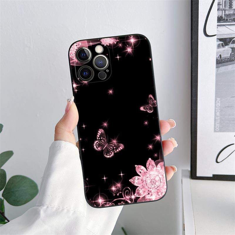 Beauty Pink Butterfly Phone Case for iPhone 11 15 Pro Max Case Coque 14 Plus 13 Pro 12 Mini 11 X S XR 7 8 SE 2020 TPU Soft Cover