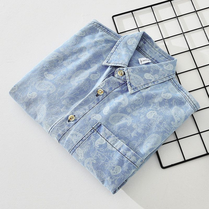 Japanese-Style Denim Print Turn-Down Collar Long-Sleeve Shirt for Men, Loose Casual Stylish Top Jacket for Spring and Autumn