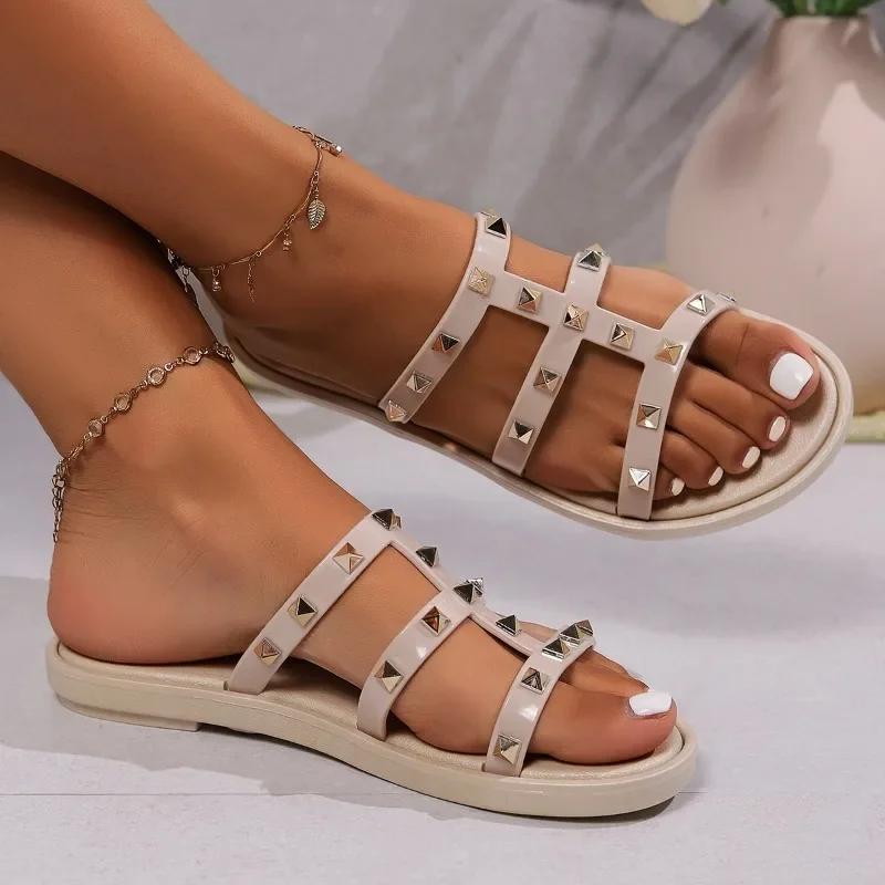 Fashion Rivet Ladies Shoes 2024 New Open Toe Women's Slippers Summer Rome Solid Outdoor Casual Beach Flat Comfortable Slippers Zapatos