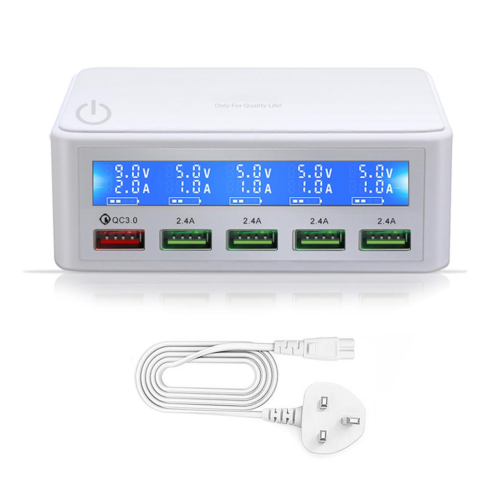 Зарядная станция USB мощностью 50 Вт. Многопортовое зарядное устройство USB-концентратора. Зарядное устройство USB QC 3.0 с ЖК-дисплеем. 5 портов USB.