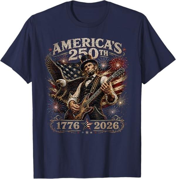 America's 250th Abraham Lincoln Playing Guitar Retro Vintage T-Shirt