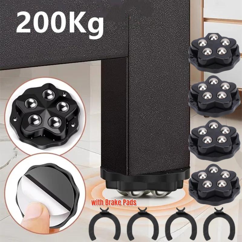 4Pcs Brake-operated Self Adhesive Caster,Heavy Duty 5 Beads Load-bearing,Universal 360° Rotating Wheel,No Noise Furniture Pulley