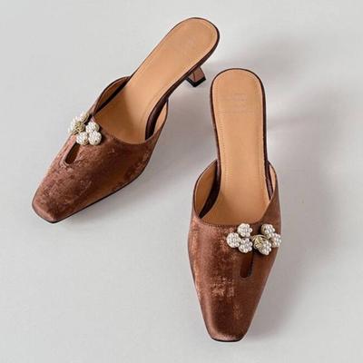 Тапочки Баотоу в национальном стиле, женские, модные, с квадратной головкой, с неглубоким горлом, с тканевым покрытием, противоскользящие, износостойкие, на каблуке