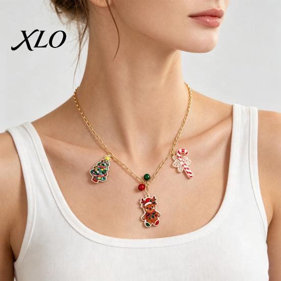 Festive Sweater Accessories Christmas Charms Necklace for Women, Cute Elk Tree Candy Cane Women with Bells, Alloy Jewelry Holiday Party Outfit