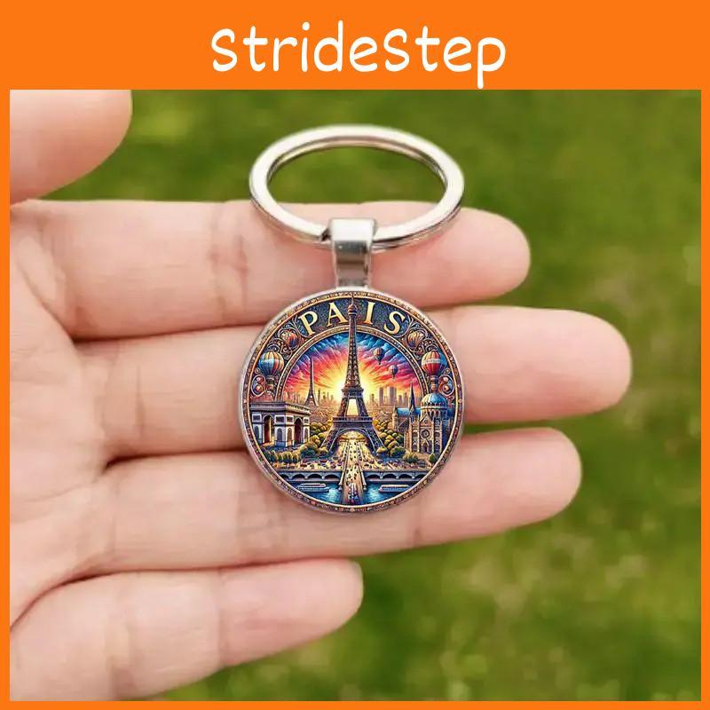 Sunset Paris Theme Keyring With Glass Pendant For Gift And Collection